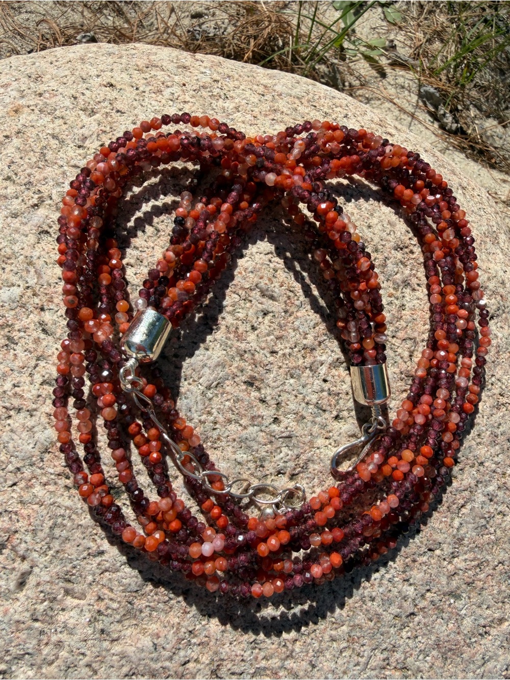 Hessonite Garnet ,Carnelian,and Sterling Desert Rose 8 Strand Necklace- (270)